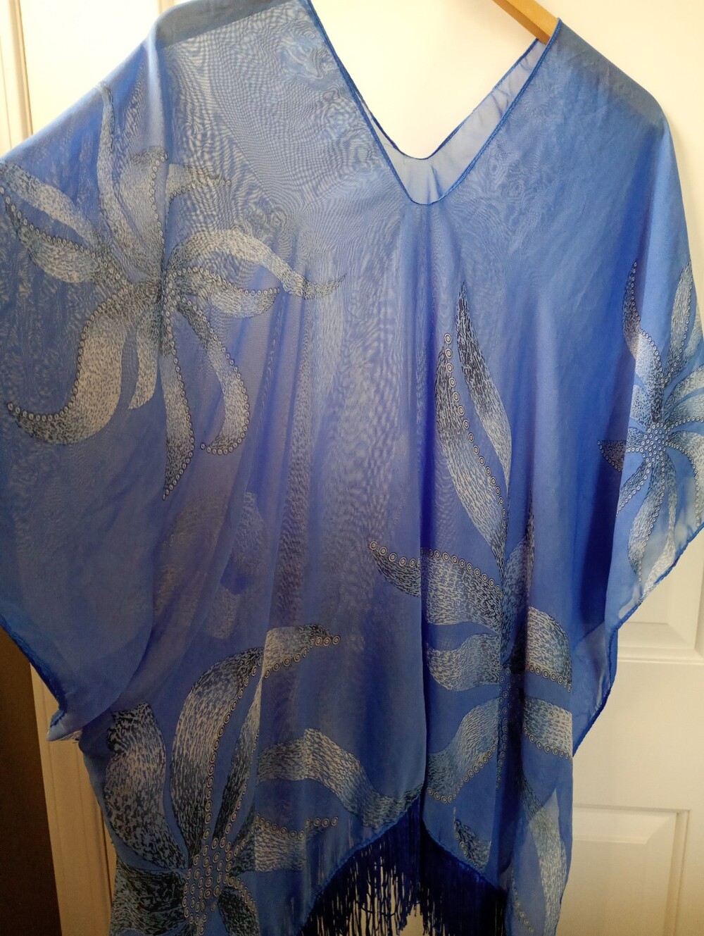 Beachy Vibrant Colbalt Blue Floral Sheer Kaftan Cover-Up - Picture 4 of 7